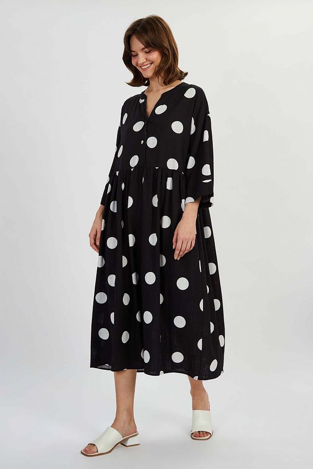 Льняное платье-рубашка в горох - артикул B4522034, цвет BLACK PRINTED - купить по цене 5589 руб. в интернет-магазине Baon
