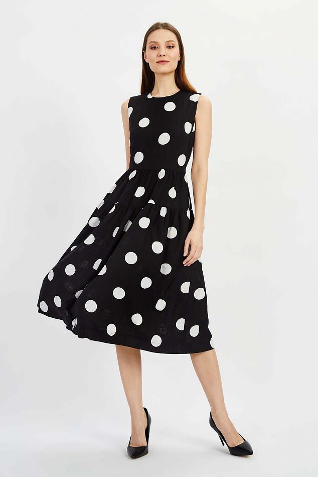 Льняное платье в горох с поясом - артикул B4522035, цвет BLACK PRINTED - купить по цене 4299 руб. в интернет-магазине Baon