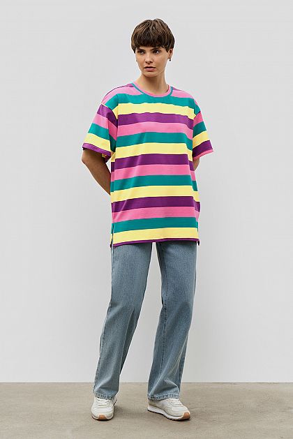 Удлиненная хлопковая футболка оверсайз в полоску Баон Baon B2323078