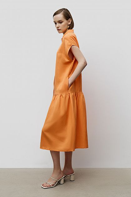 Льняное платье-рубашка миди с оборками  Баон Baon B4523025