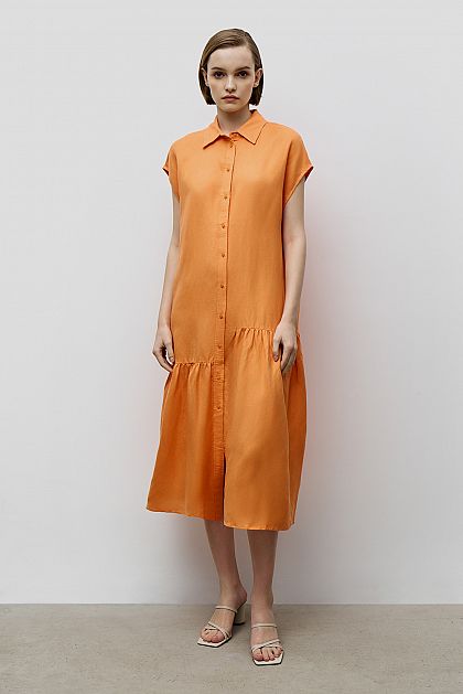 Льняное платье-рубашка миди с оборками  Баон Baon B4523025