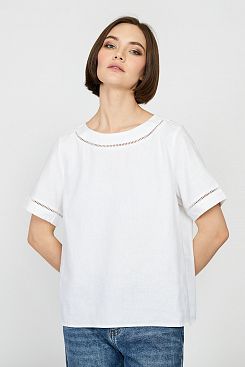 Baon, Льняная блузка с мережкой B191024, WHITE