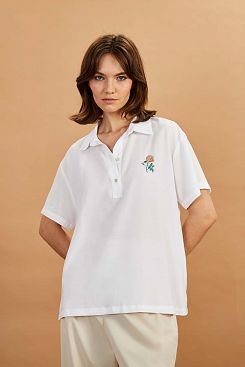 Baon, Льняная блузка-поло с вышивкой B1922035, WHITE