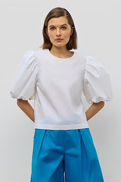 Baon, Хлопковая блузка прямого кроя с пышными рукавами B1923008, WHITE
