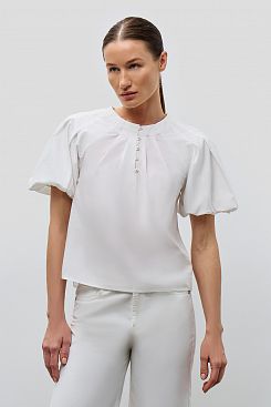 Baon, Хлопковая блузка с пышными рукавами на пуговицах B1923031, WHITE