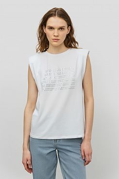 Baon, Хлопковая футболка без рукавов со стразами B2323064, WHITE