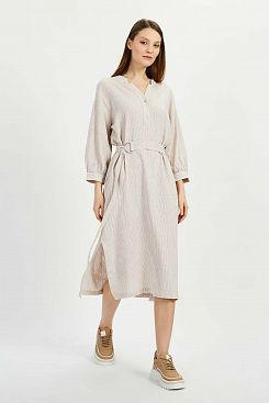 Baon, Льняное платье-рубашка с поясом B4522024, DARKBEIGESTRIPED