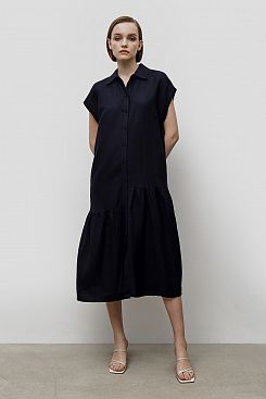 Baon, Льняное платье-рубашка миди с оборками  B4523025, DARKNAVY