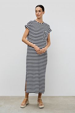 Baon, Трикотажное платье-футболка в полоску миди B4523040, WHITEDARKNAVYSTRIPED