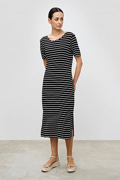 Baon, Трикотажное платье-футболка из вискозы в полоску B4523077, BLACKSTRIPED