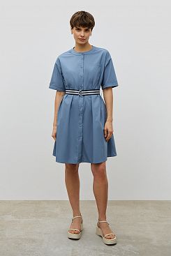 Baon, Хлопковое платье-рубашка прямого кроя с поясом B4523104, BLUE