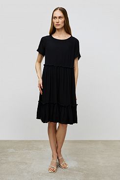 Baon, Ярусное платье свободного кроя с коротким рукавом B4523105, BLACK