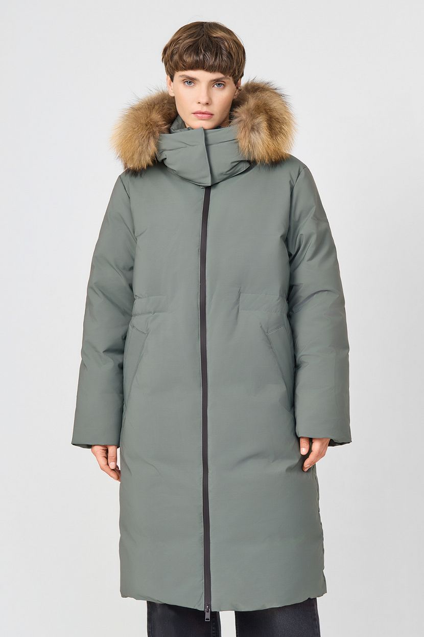 Пуховое пальто с меховой отделкой, L, зеленый