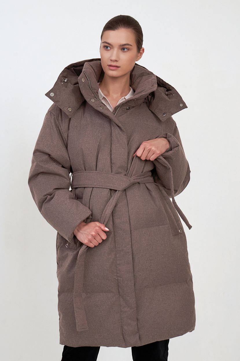 Пуховое пальто-оверсайз с поясом, S, серый