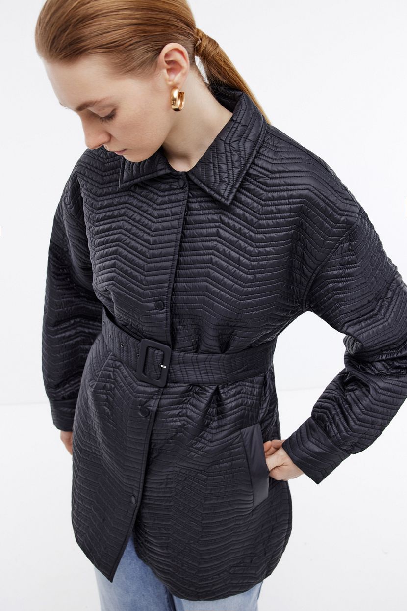 Стеганая куртка на кнопках со съемным поясом, L, черный
