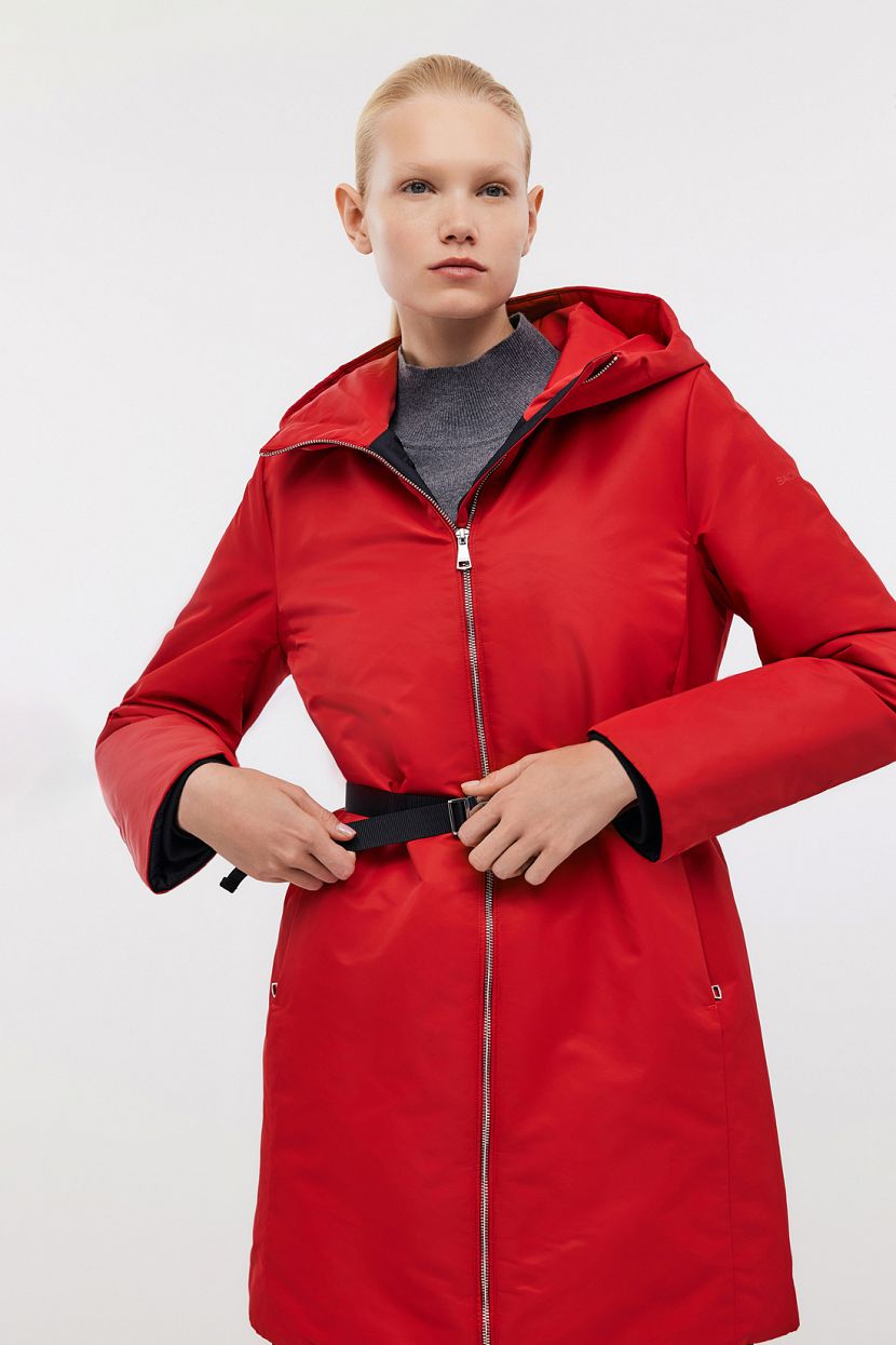 Удлиненная куртка с поясом и капюшоном L красный 11399₽