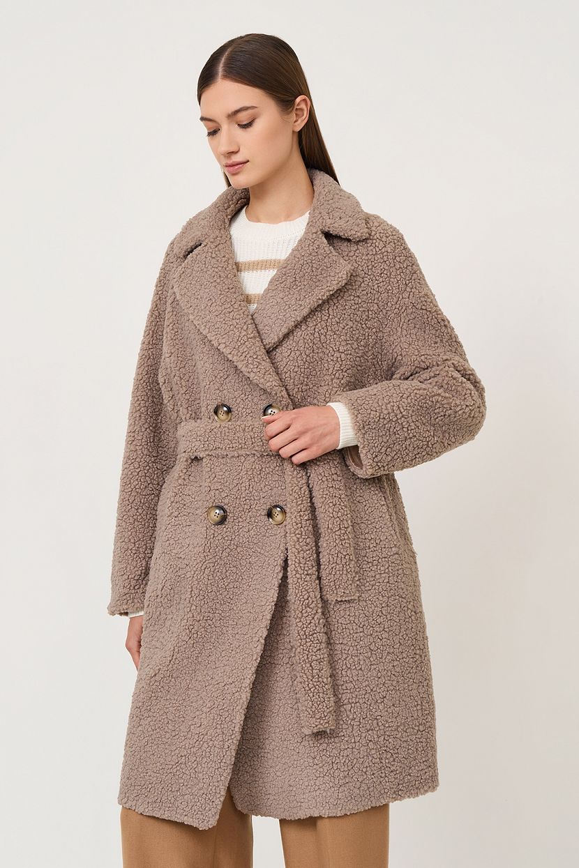 Пальто с поясом из экомеха, XXL, коричневый