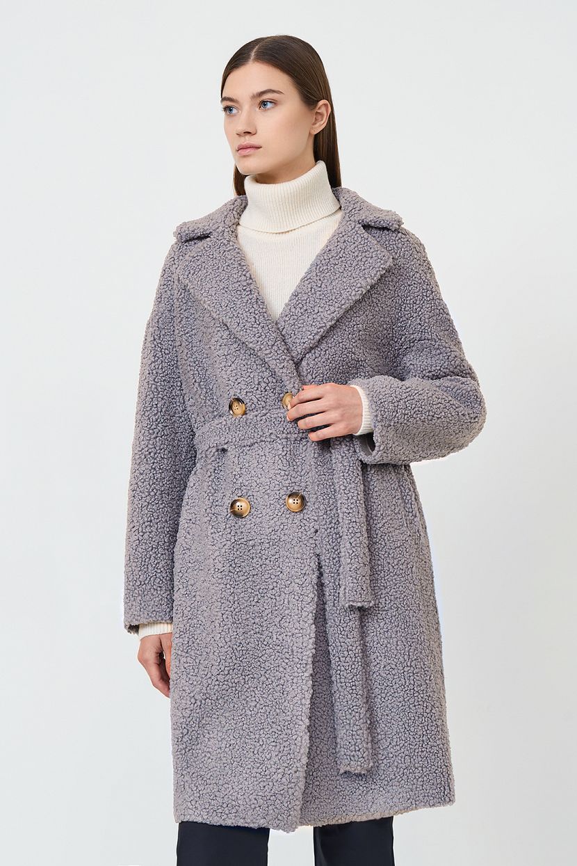 Пальто с поясом из экомеха, XXL, серый
