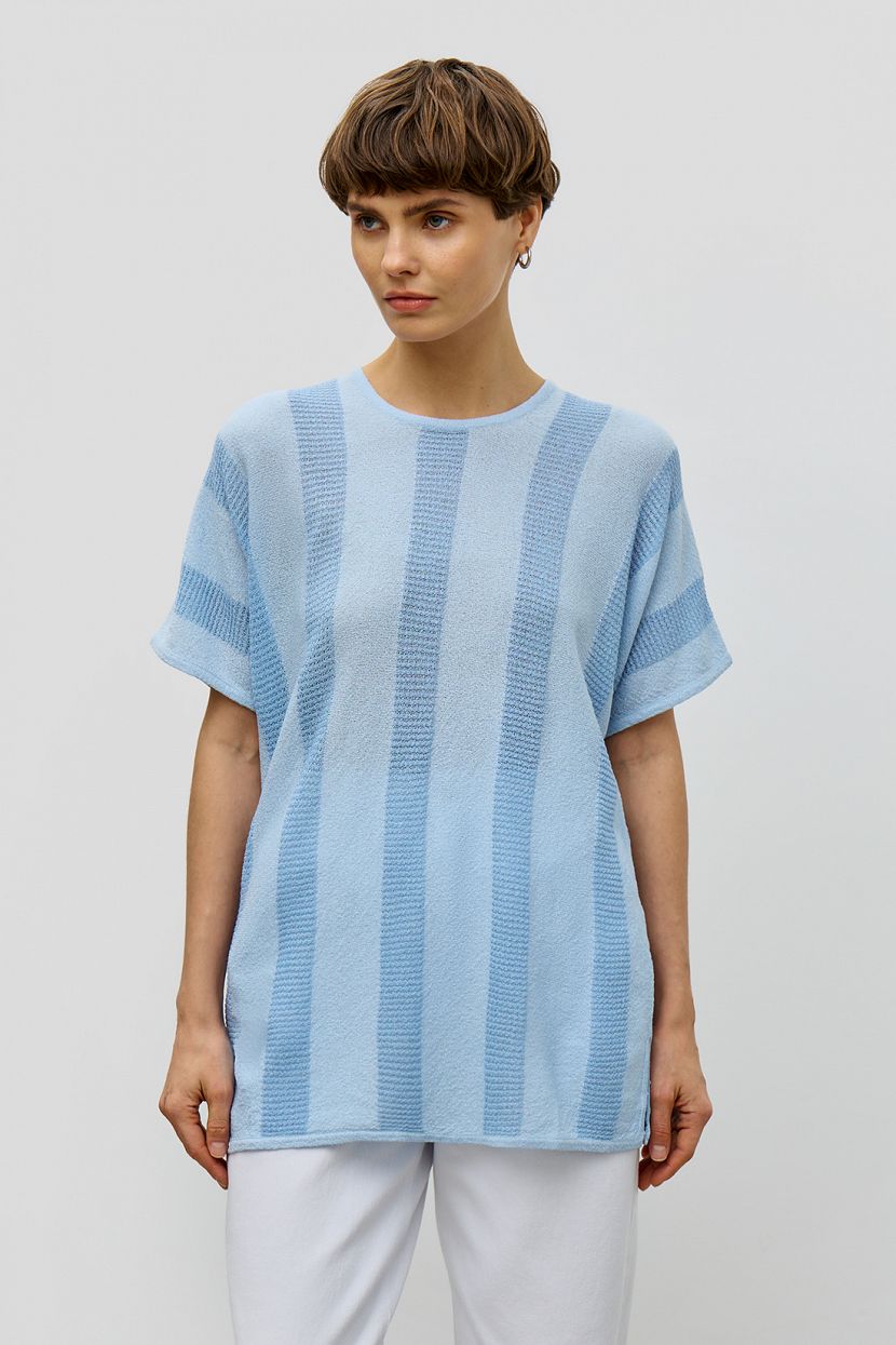 Удлиненный джемпер с ажурными полосами L голубой 999₽