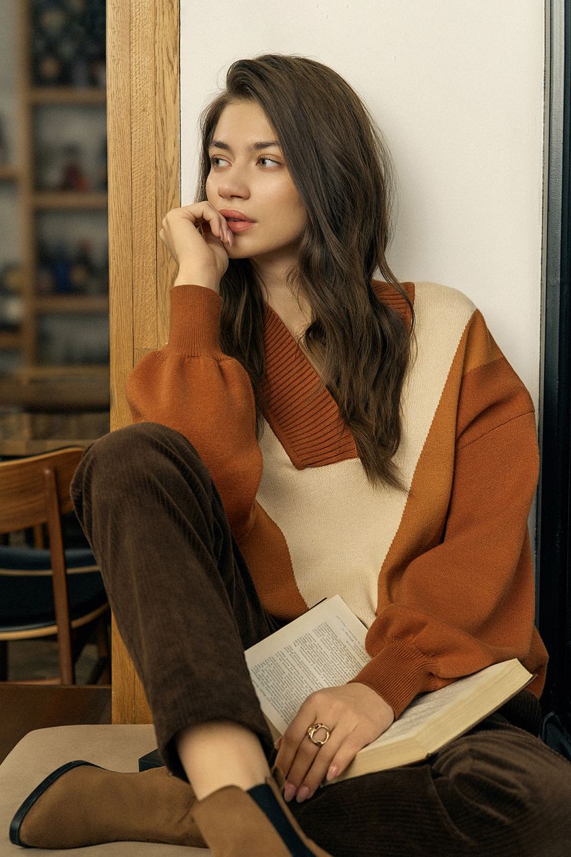 Пуловер в стиле колорблок, XL, коричневый