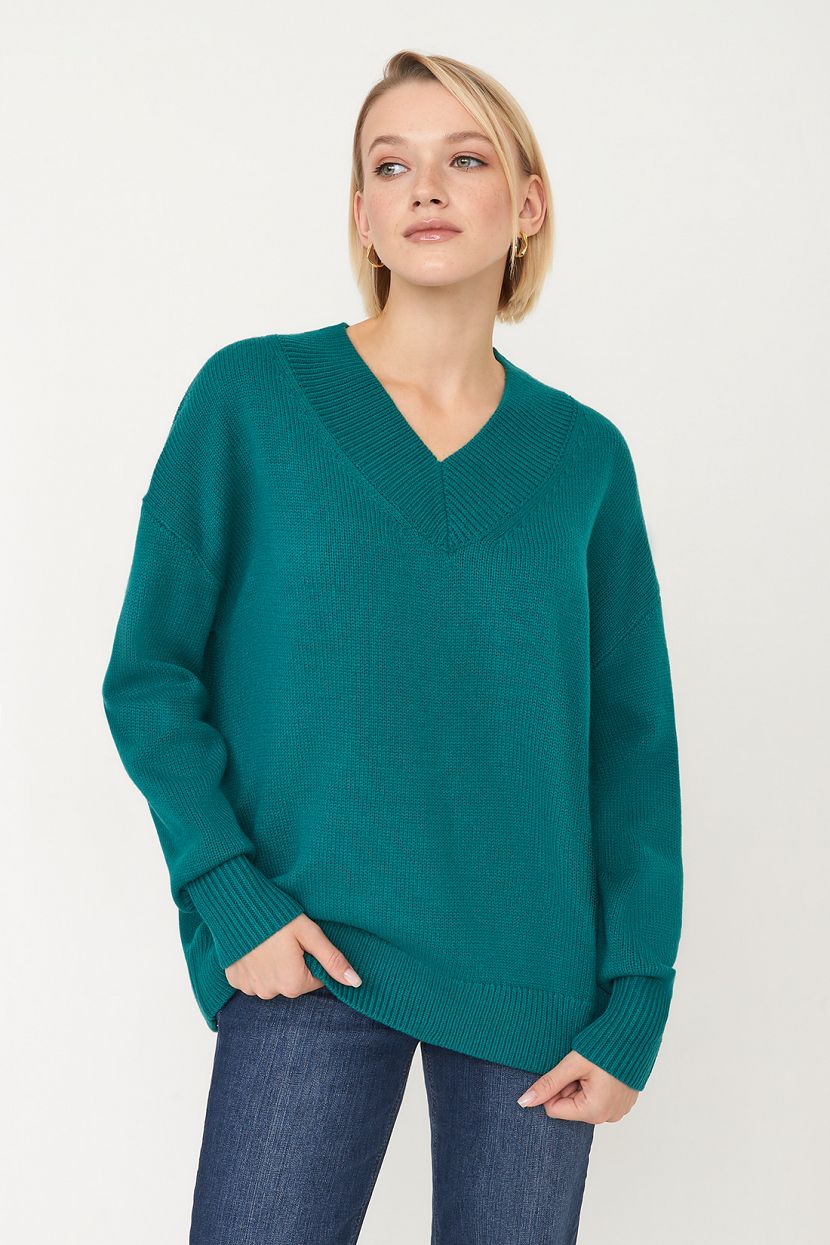 Шерстяной пуловер-оверсайз, S, зеленый