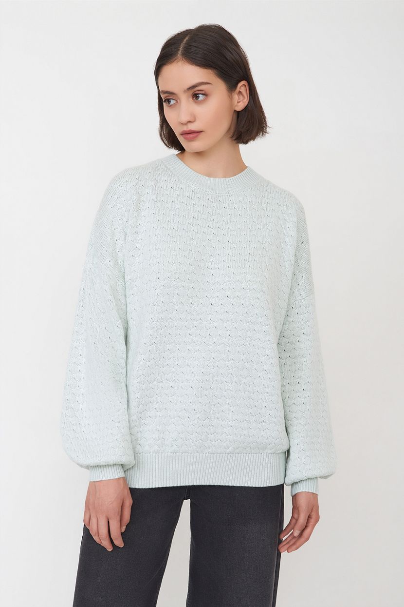 Джемпер с объёмными рукавами и узором L голубой 2489₽