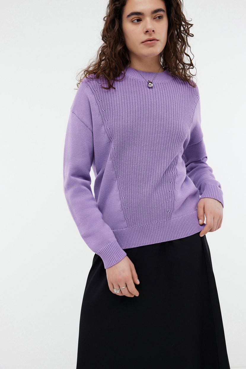 Джемпер с рельефной вязкой, XL, фиолетовый