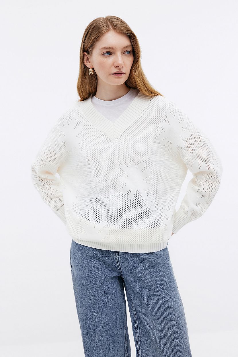 Пуловер с ажурным узором, XXL, белый