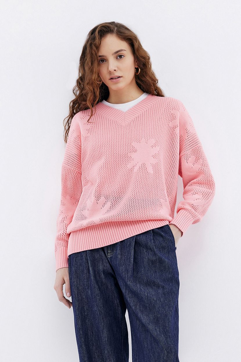 Пуловер с ажурным узором, XXL, розовый