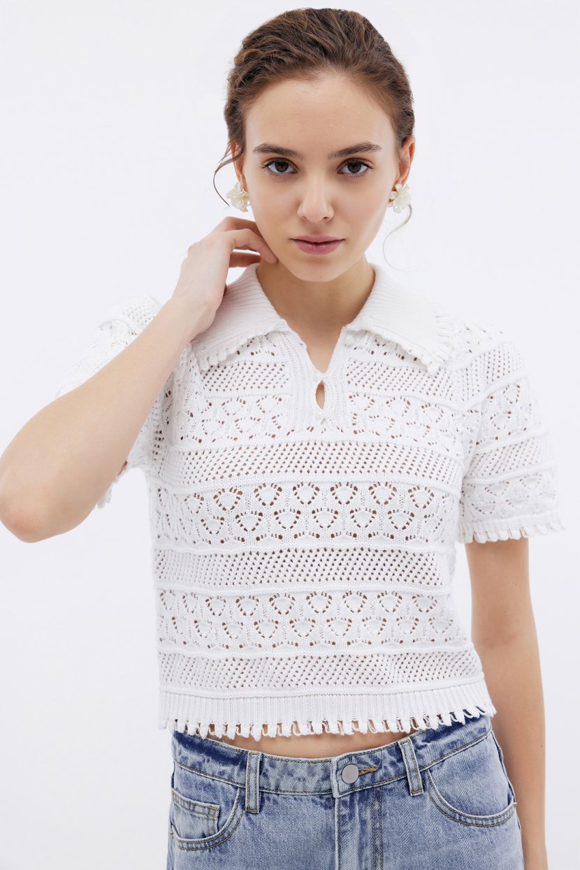 Кружевной джемпер с воротником-поло L белый 4239₽