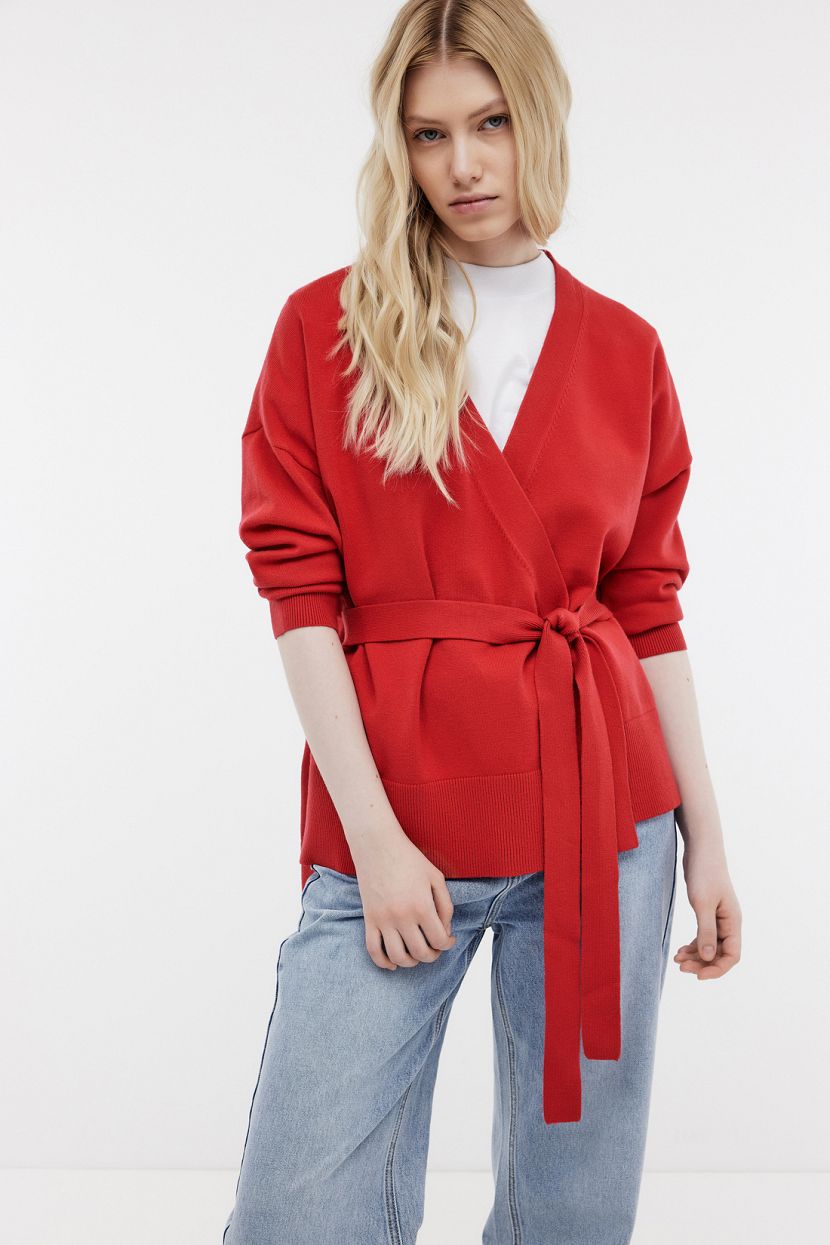 Кардиган с поясом в стиле кимоно M красный 4799₽