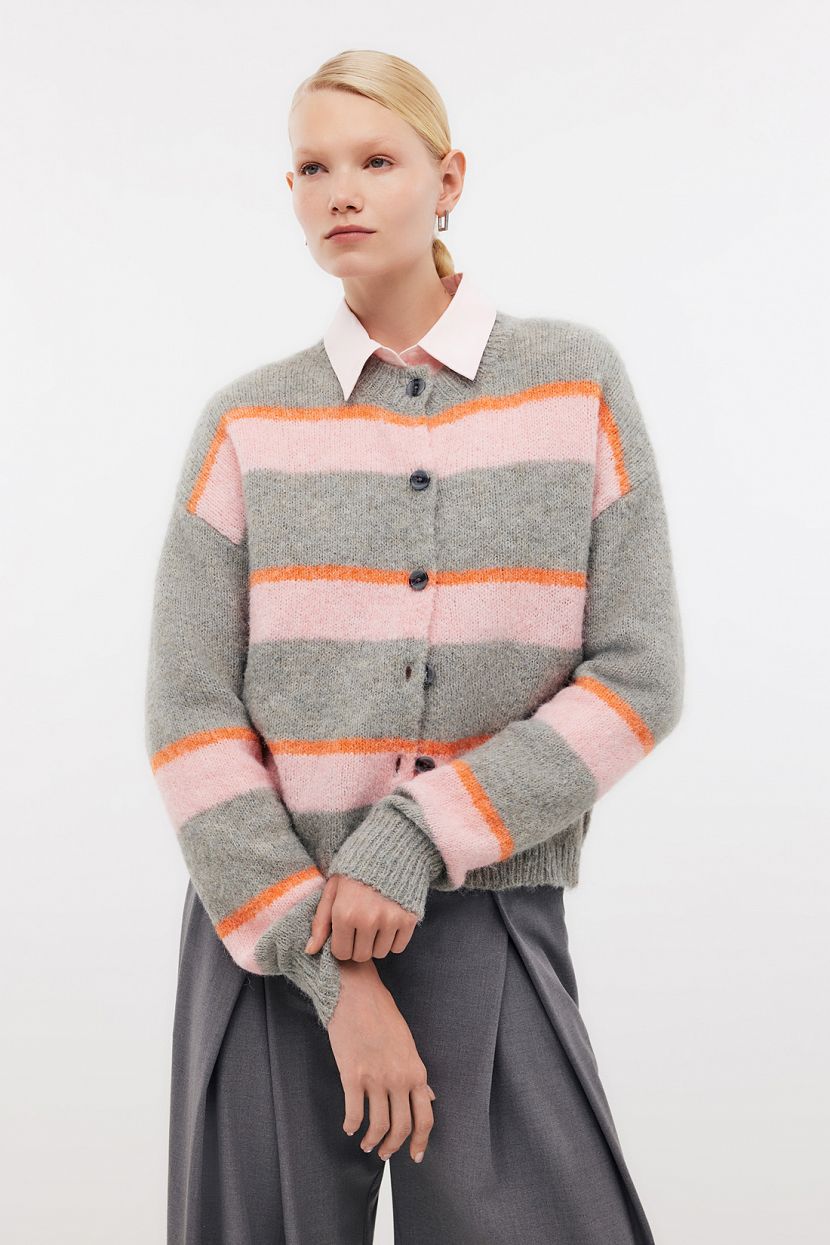 Кардиган из смесовой пряжи в полоску L розовый 4127₽