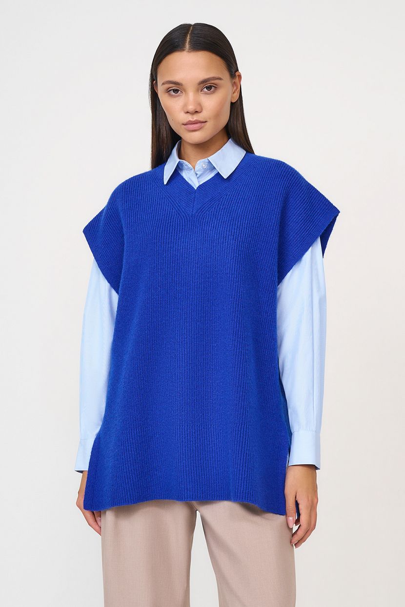 Удлинённый вязаный жилет XS синий 1709₽