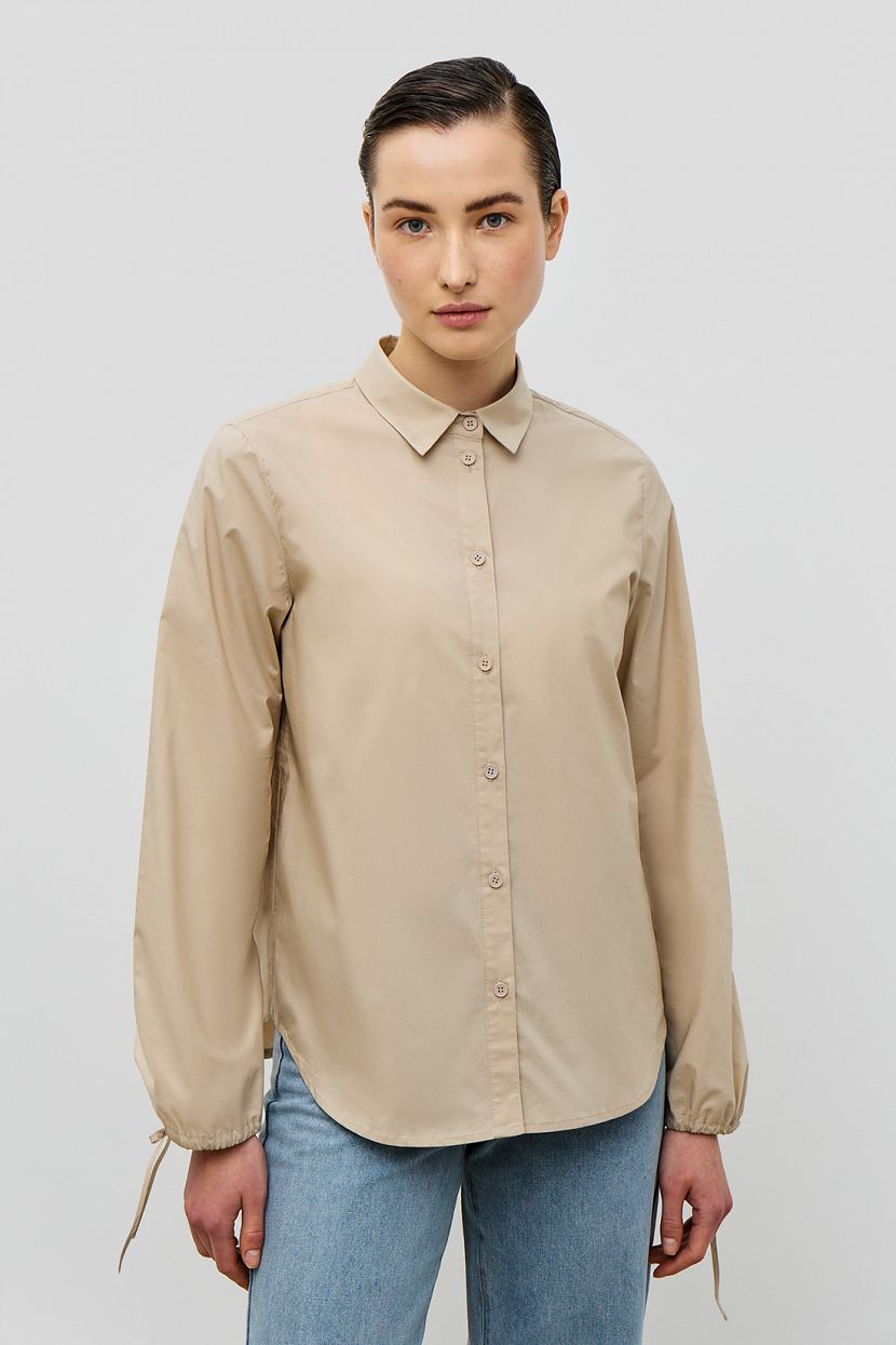 Хлопковая однотонная блузка с рукавами на завязках