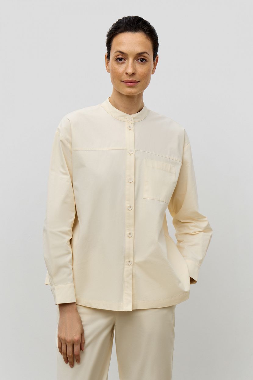 Свободная хлопковая блузка с воротником-стойкой, белый