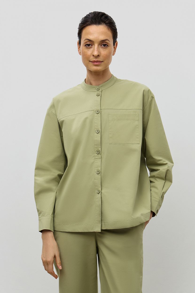 Свободная хлопковая блузка с воротником-стойкой, зеленый