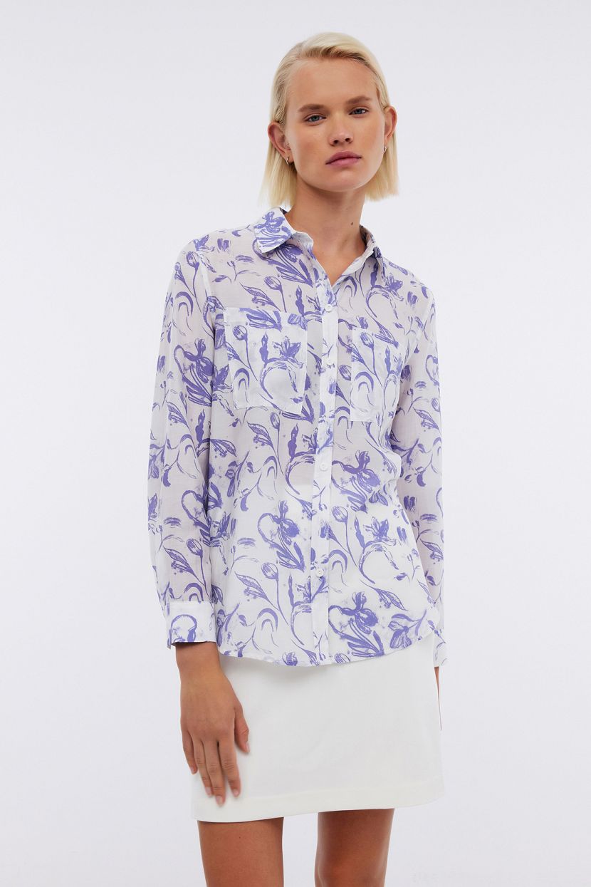 Полупрозрачная блуза с цветочным принтом, фиолетовый