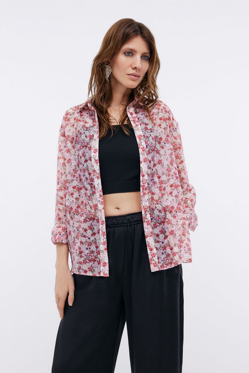 Полупрозрачная блуза с акварельным принтом, XXL, розовый