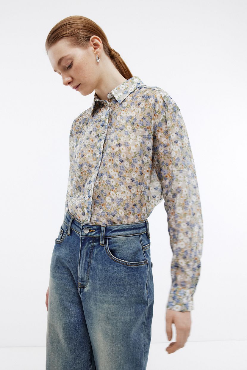 Полупрозрачная блуза с акварельным принтом, XXL, голубой