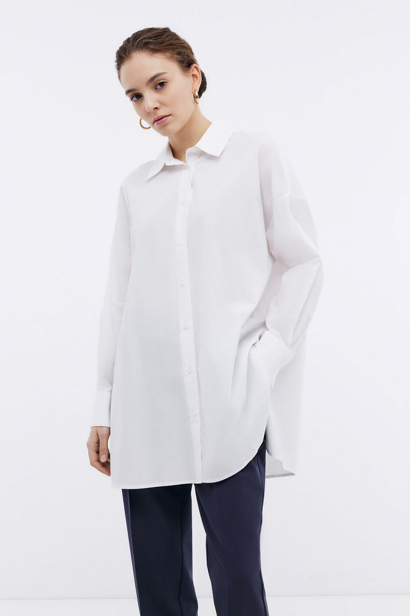 Блузка из хлопка оверсайз в рубашечном стиле, XS, белый