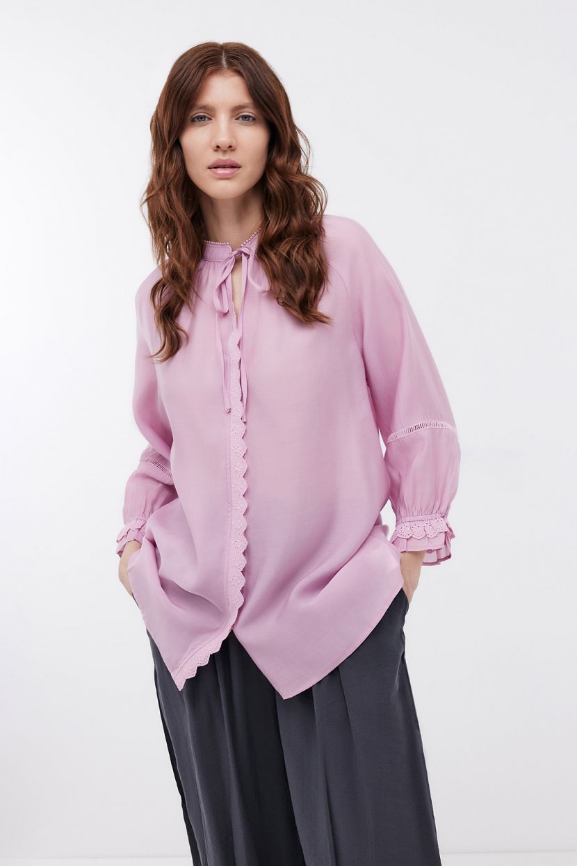 Блузка из хлопка со сборками и кружевом, XS, розовый