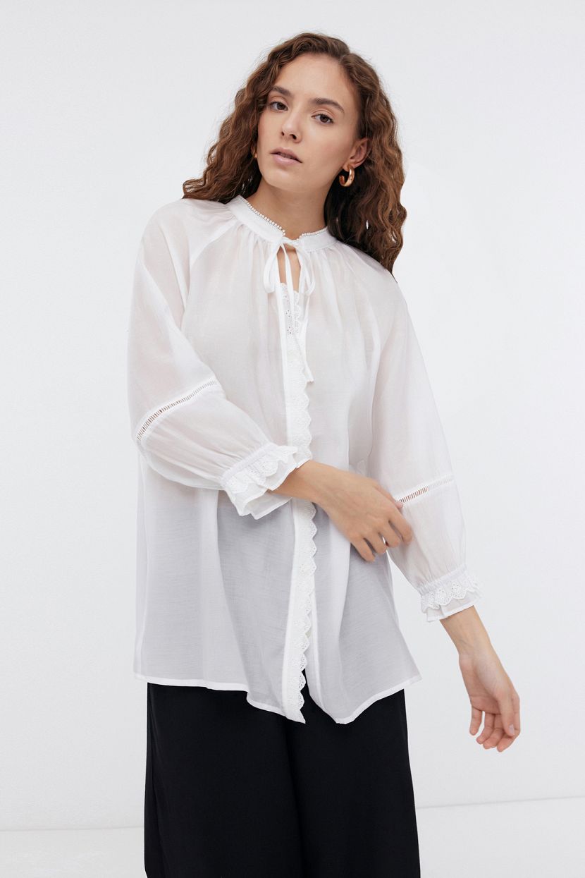 Блузка из хлопка со сборками и кружевом, XS, белый