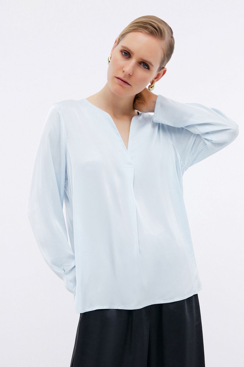 Блуза с трикотажной спинкой, XXL, голубой