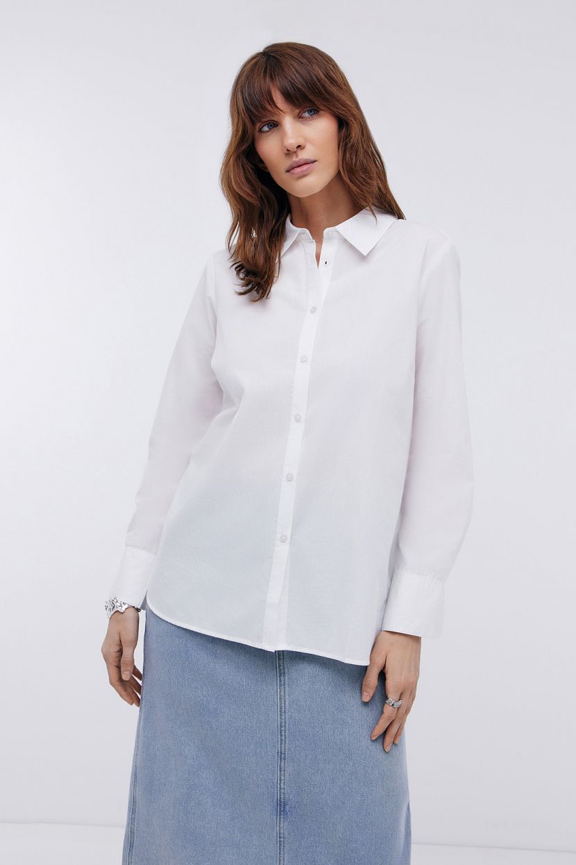 Блузка в рубашечном стиле из хлопка, XXL, белый