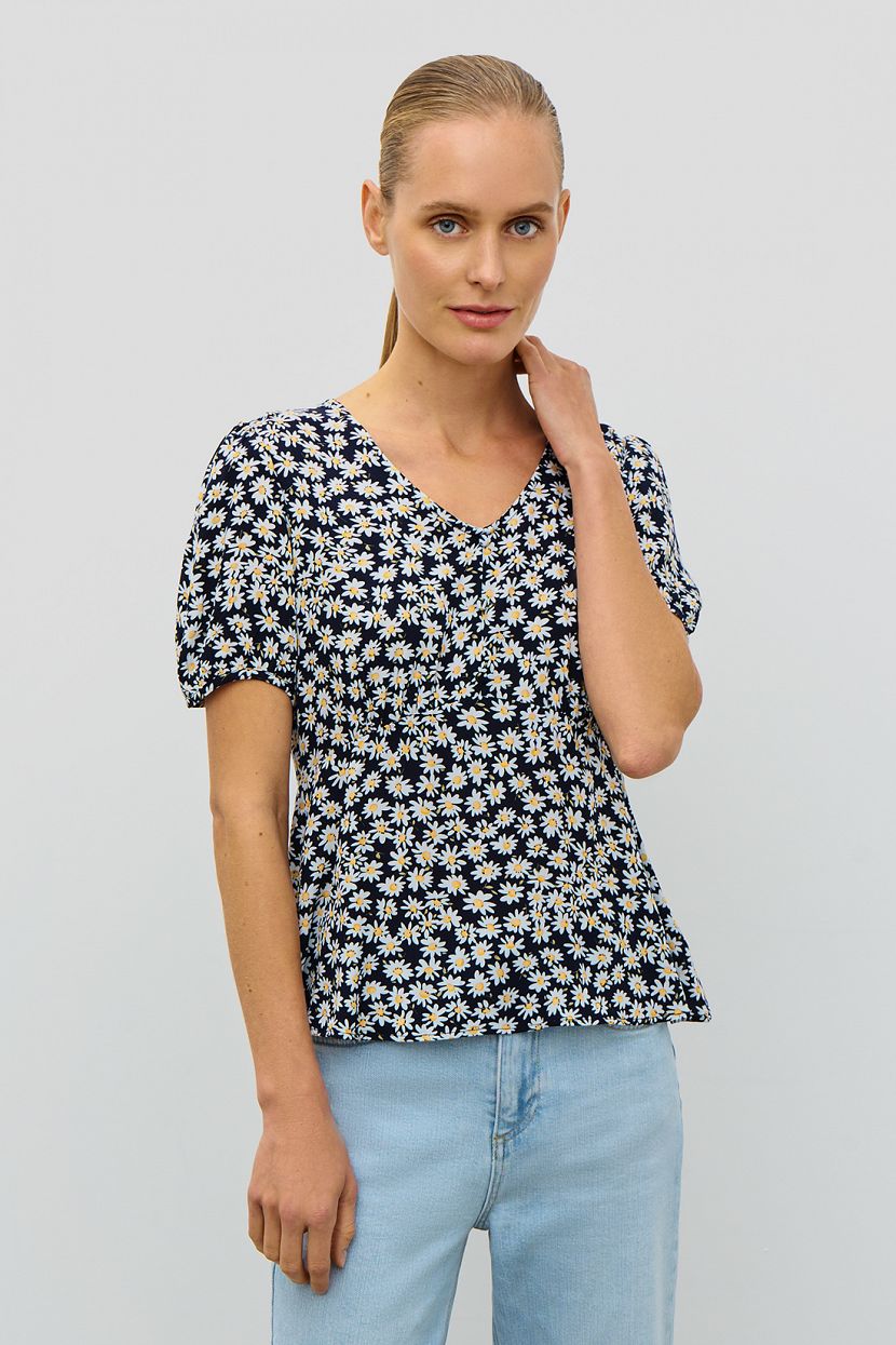 Приталенная блузка с цветочным принтом, XS, синий