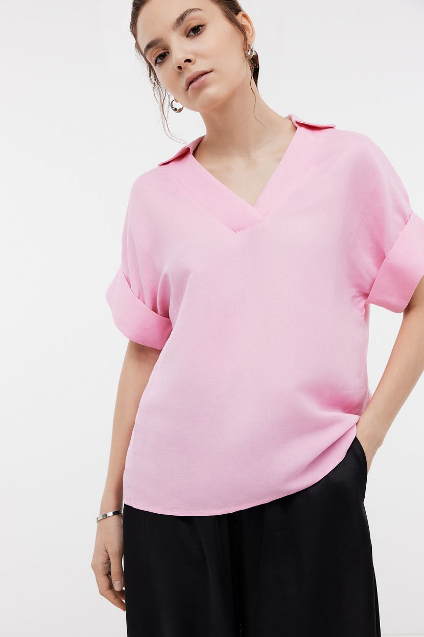 Блузка из льна и вискозы с короткими рукавами (арт. BAON B1924015), размер S, цвет розовый