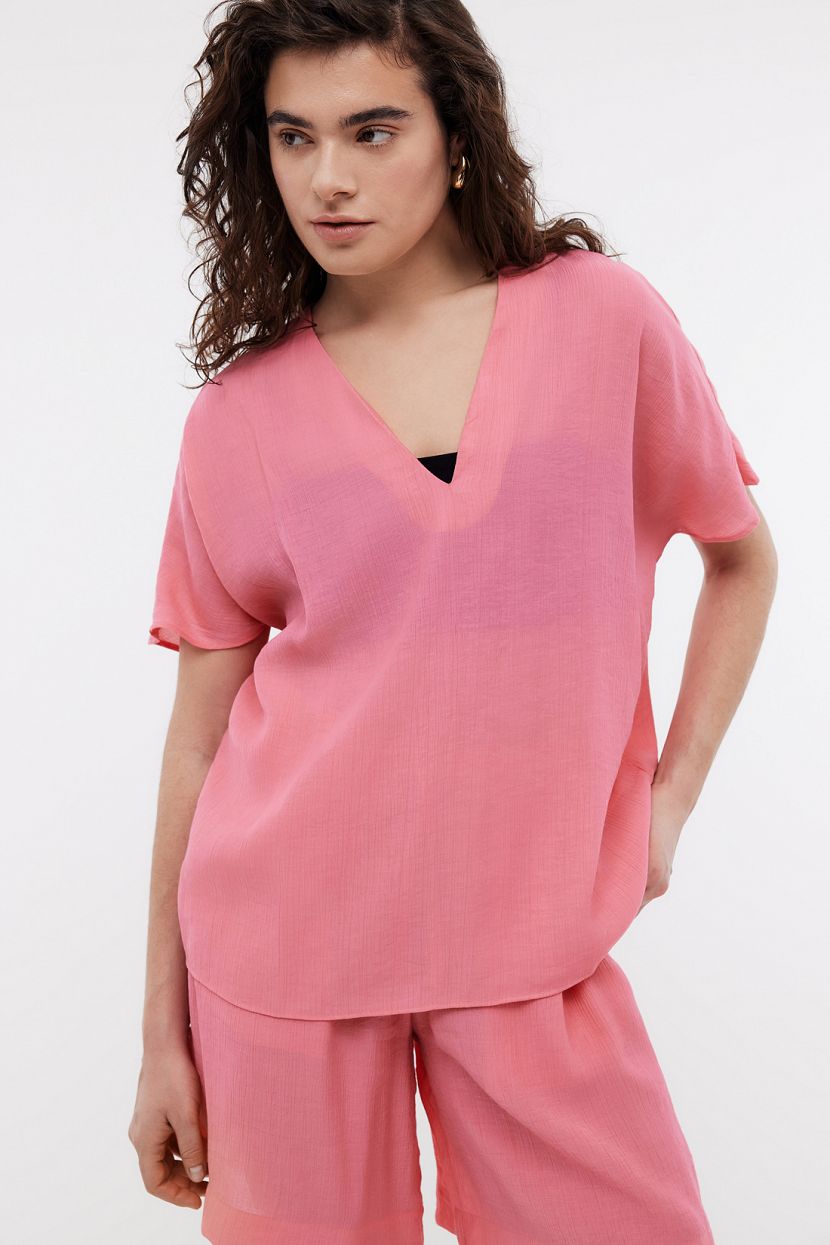 Блузка из вискозы прямая с V-образным вырезом, розовый