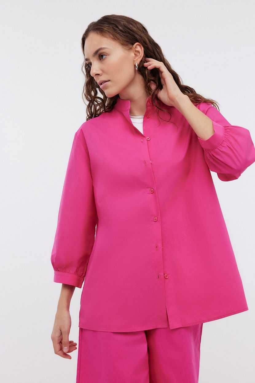 Блузка из хлопка с воротником-стойкой, XXL, розовый