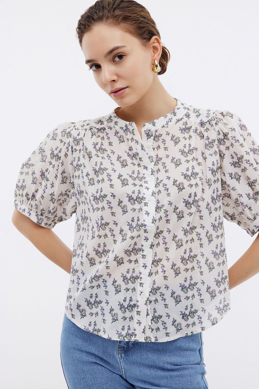 Блуза с цветочным принтом и пышными рукавами, бежевый