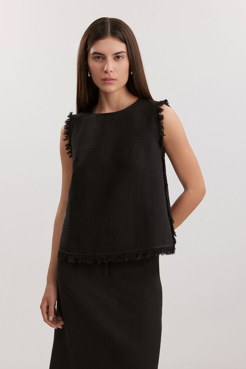 Блузка без рукавов из хлопка и льна с отделкой бахромой